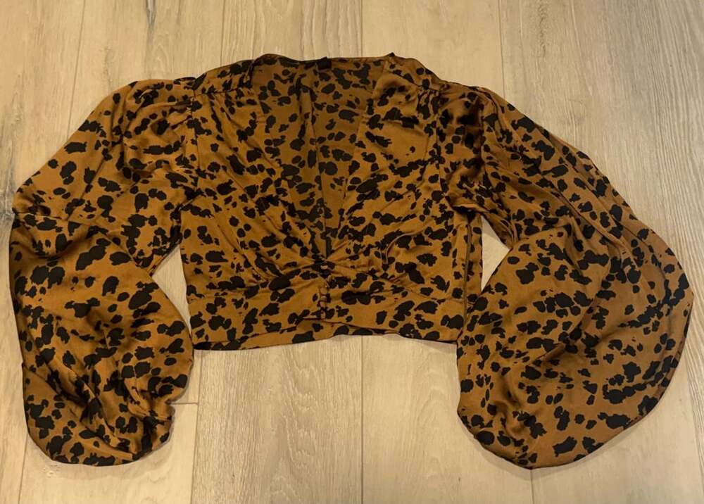 Leopard Print Puff Sleeve Crop Top Twist Front Blouse Brown Black Size L